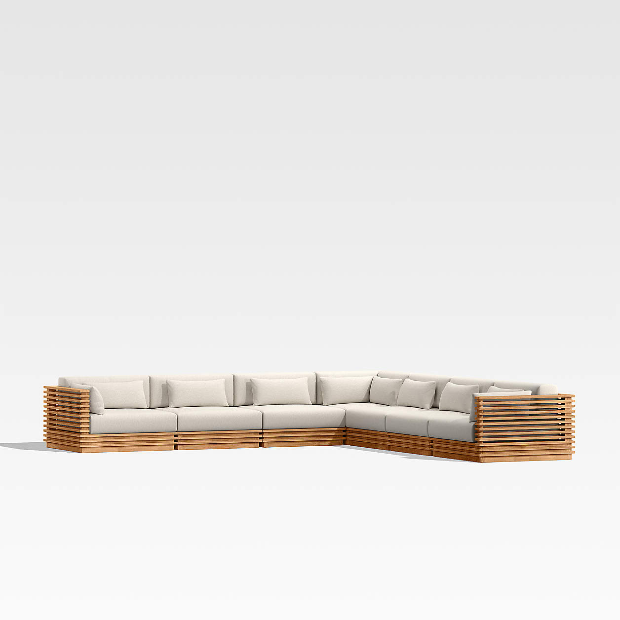 Batten Piece L Shaped Teak Outdoor Sectional Sofa With Oat Cushions