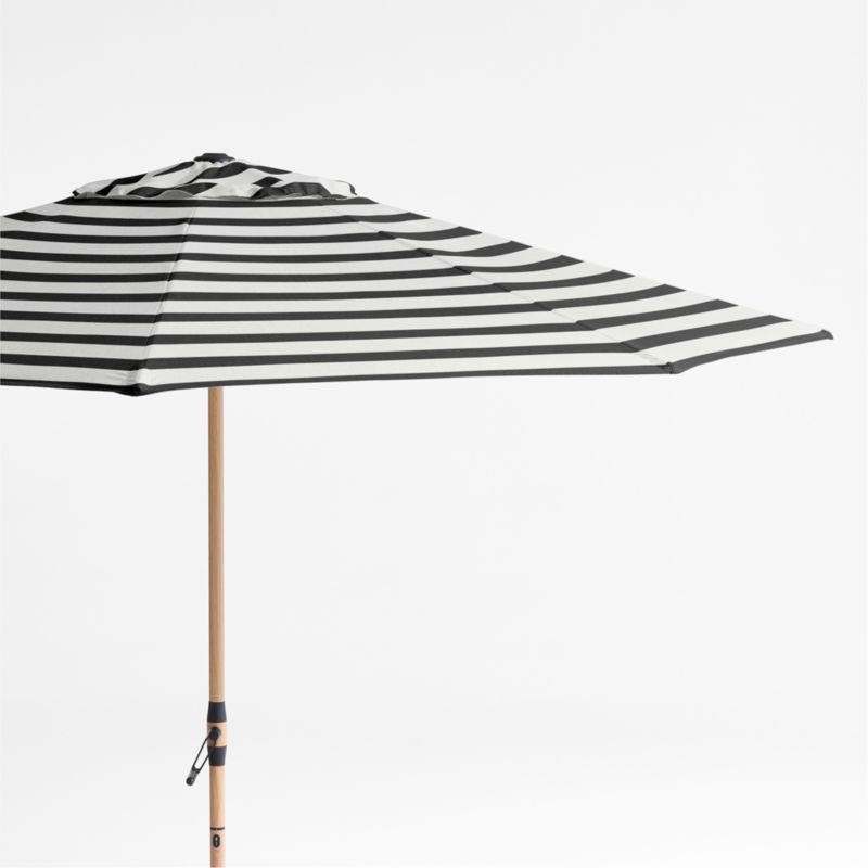 10' Round Sunbrella Navy and White Cabana Stripe Outdoor Patio Umbrella with Faux Wood Metal Frame | Crate & Barrel