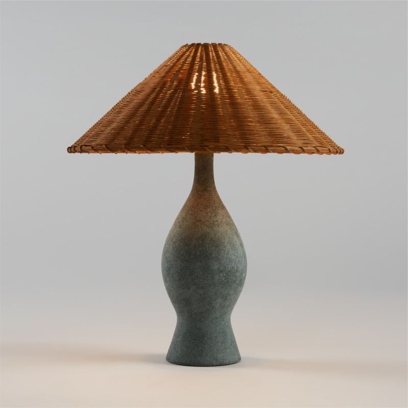 Courbe Green Ceramic Table Lamp with Rattan Shade by Athena Calderone 24.2"