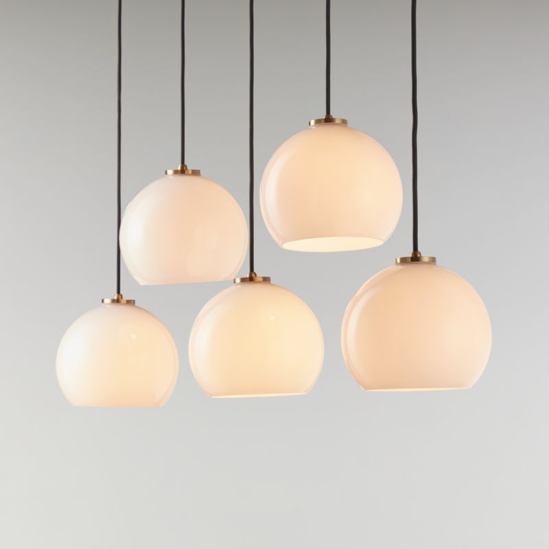Arren Brass 5-Light Linear Pendant with Round Milk Glass Shades 42"