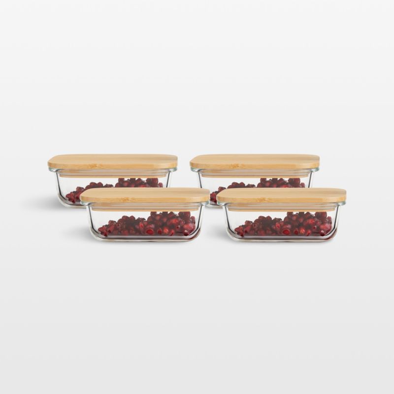 Crate & Barrel Rectangular Glass Storage Container with Bamboo Lid, 1-cup, Set of 4