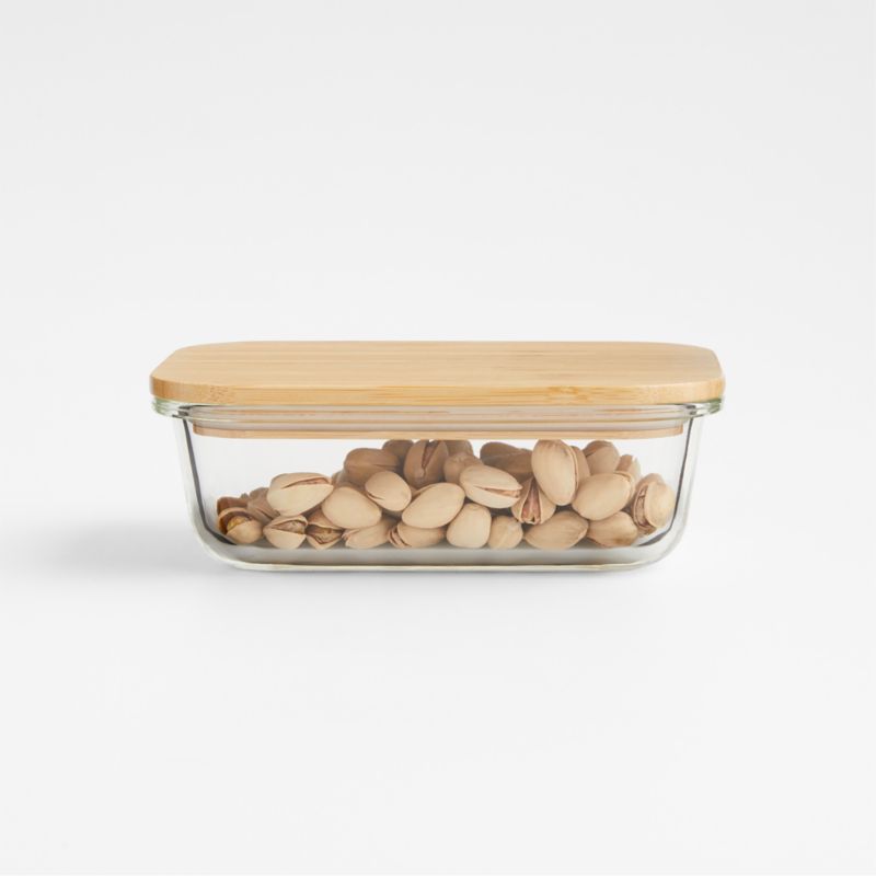 Crate & Barrel Rectangular Glass Storage Container with Bamboo Lid, 2-cup