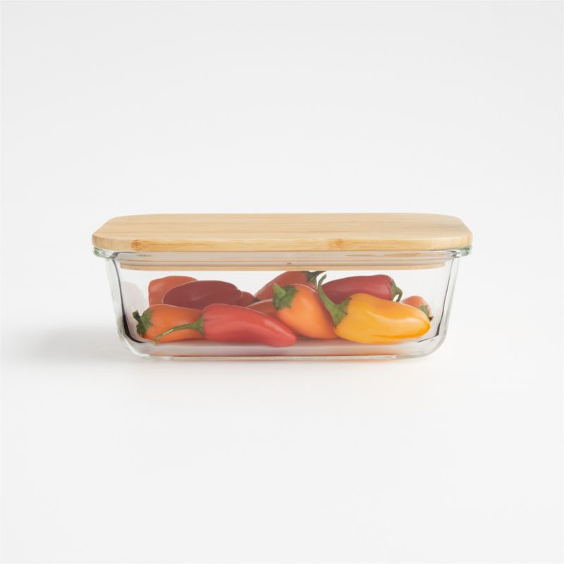 Crate & Barrel Rectangular Glass Storage Container with Bamboo Lid, 4-cup