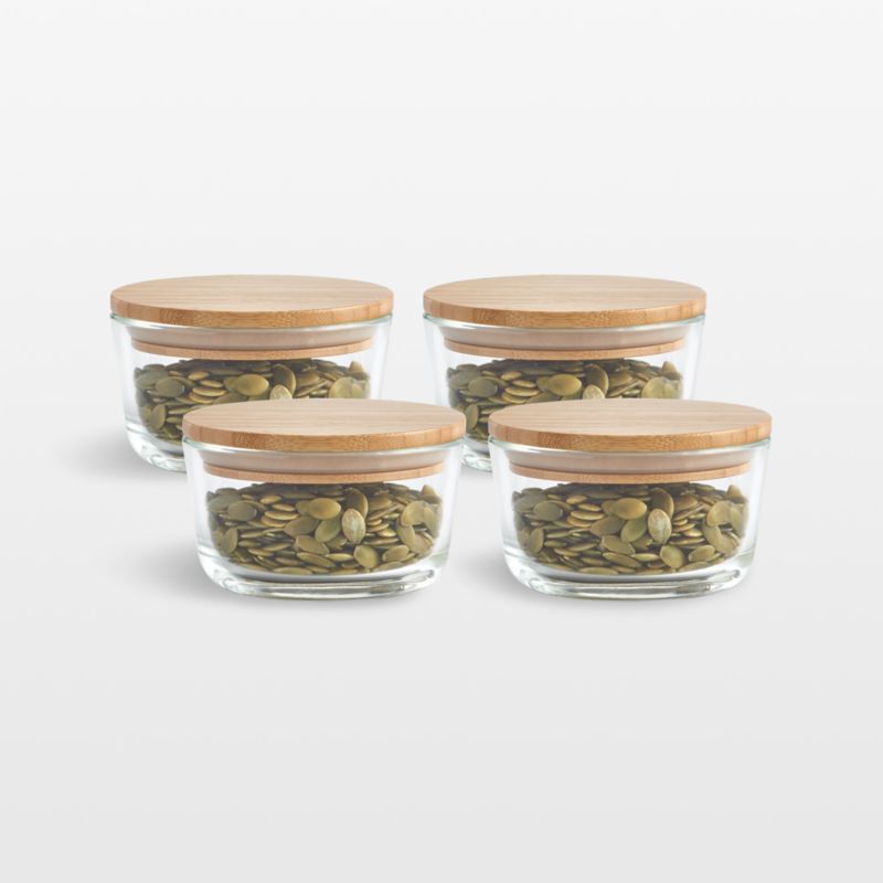 Crate & Barrel Round Glass Storage Container with Bamboo Lid, 1-cup, Set of 4