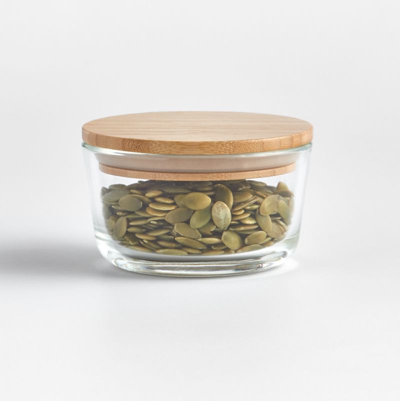 Crate & Barrel Round Glass Storage Container with Bamboo Lid, 1-cup