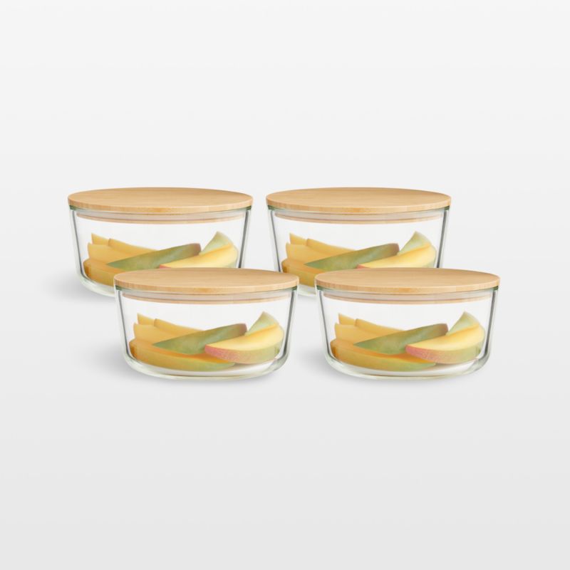 Crate & Barrel Round Glass Storage Container with Bamboo Lid, 2-cup, Set of 4