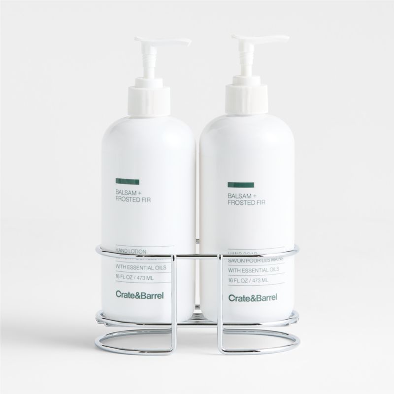 Balsam + Frosted Fir Hand Soap and Lotion Set with Stainless Steel Caddy