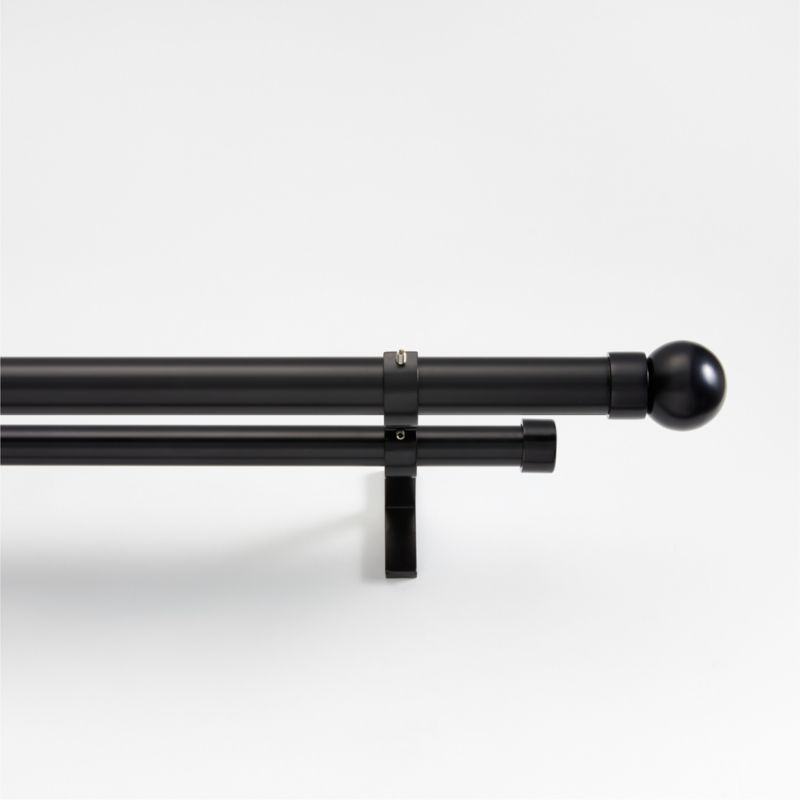 Black 1" Double Curtain Rod and Small Round End Cap Finials Set 120"-170"