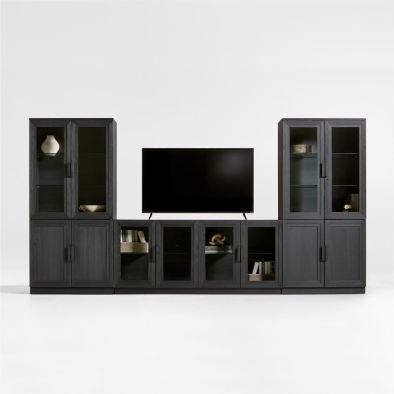 Calypso 144" Black Wood Media Console Set with Glass and Wood Storage Cabinet