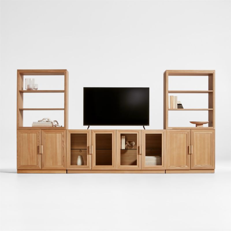 Calypso 144" Natural Wood Media Console Set with Wood Door Bookcase