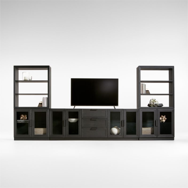 Calypso 162" Black Wood Media Console Set with Glass Door Bookcase