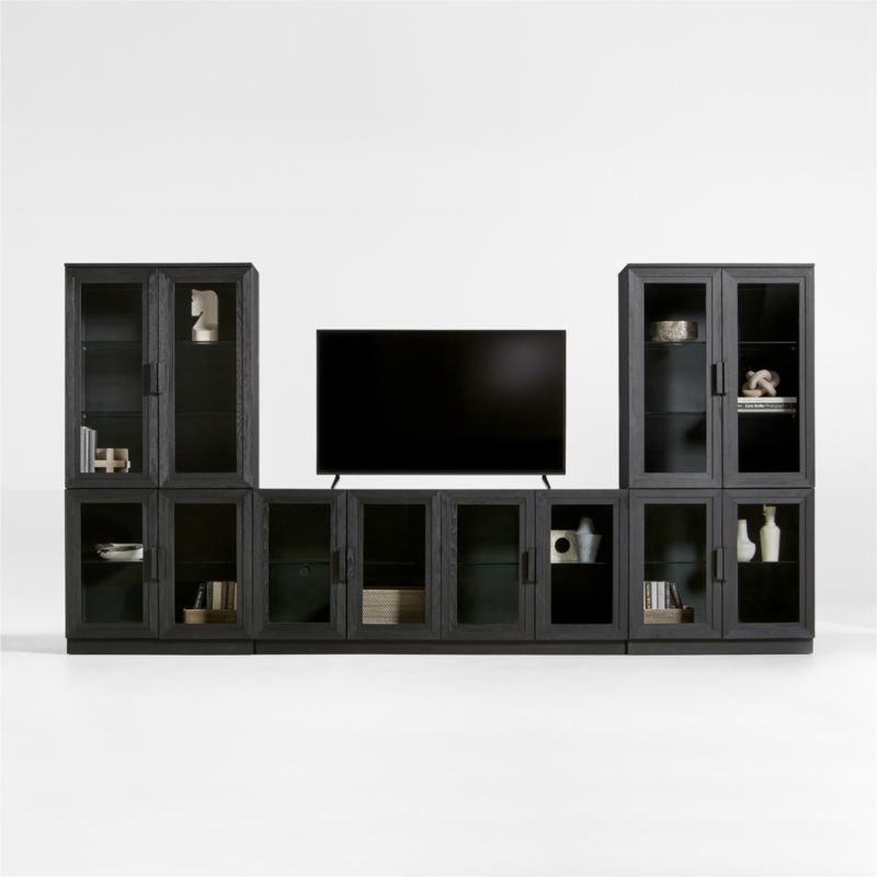 Calypso 144" Black Wood Media Console Set with Glass Storage Cabinet