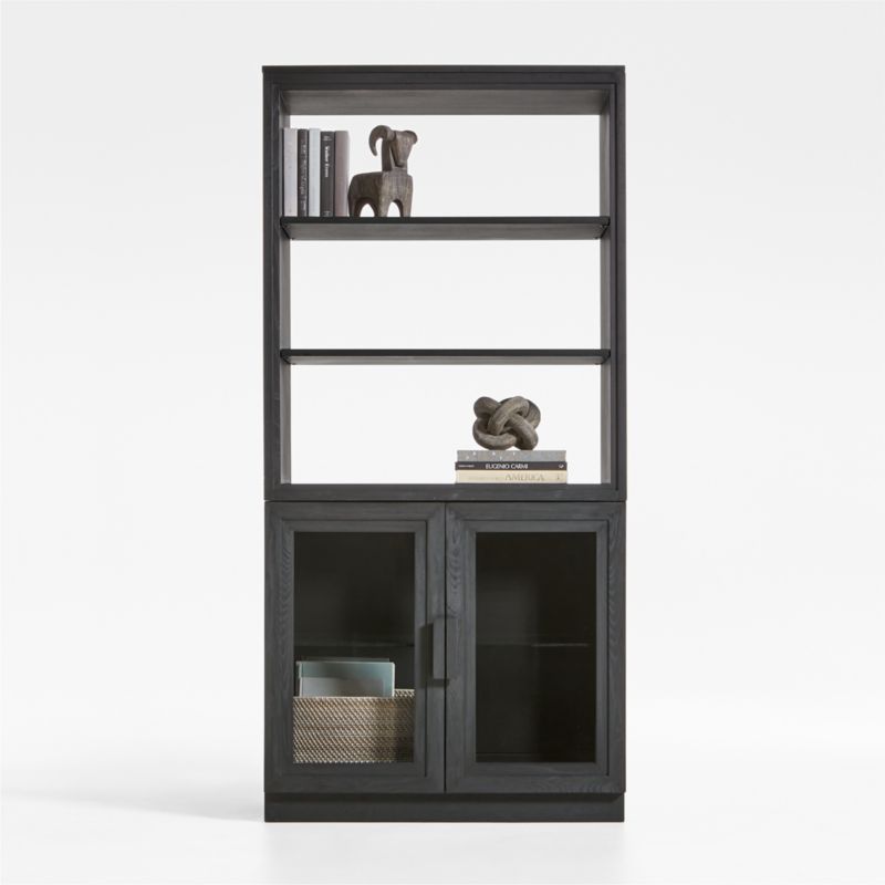 Calypso 36" Black Wood Bookcase with Glass-Door Storage