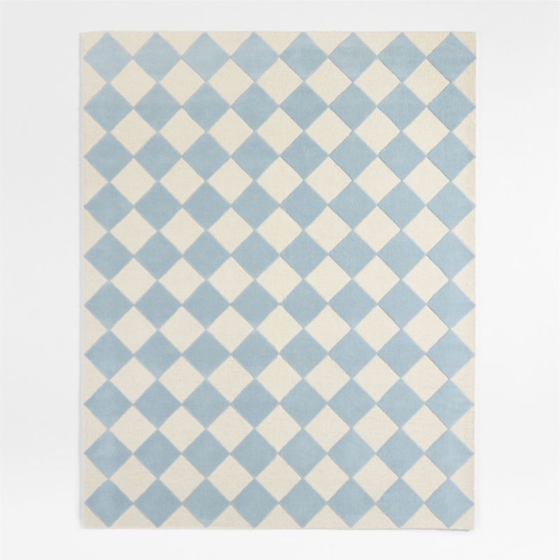 Checkerboard Blue Wool Kids Area Rug 6'x9'