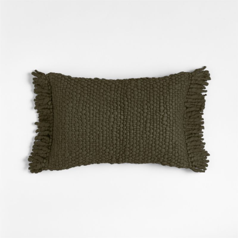 Chunky Woven Wool Fringe 22"x15" Burnt Green Throw Pillow with Feather Insert