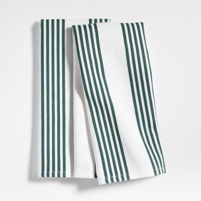 Cuisine White with Green Stripe Organic Cotton Dish Towels, Set of 2