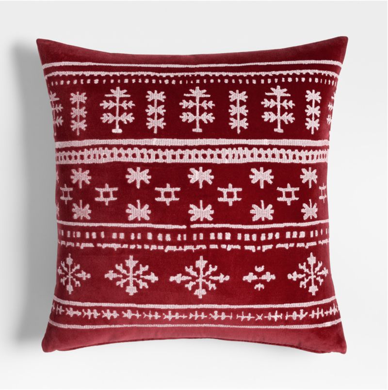 Fair Isle Embroidered Velvet 23"x23" Luminous Red Throw Pillow Cover
