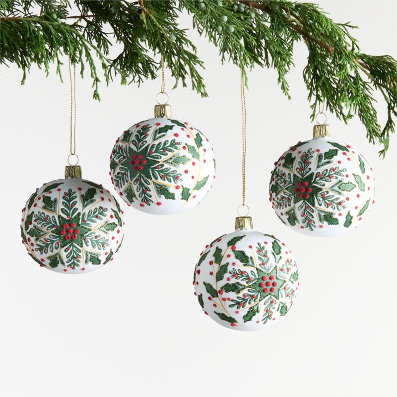 Glitter Holly Ball Christmas Ornament, Set of 4