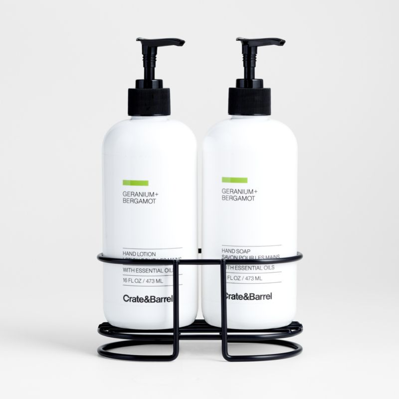 Geranium + Bergamot Hand Soap and Lotion Set with Matte Black Caddy