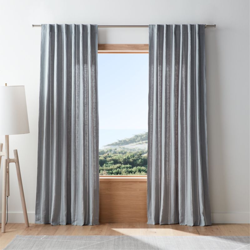 Mist Blue & Crisp White Linen Double Pinstripe Window Curtain Panel 52"x120"