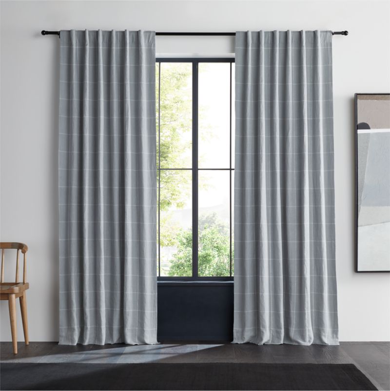 Mist Blue & Crisp White Linen Double Pinstripe Grid Blackout Window Curtain Panel 52"x108"