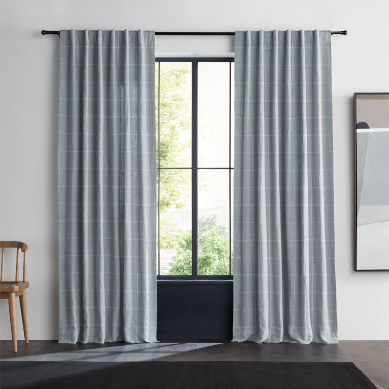 Mist Blue & Crisp White Linen Double Pinstripe Grid Window Curtain Panel 52"x120"