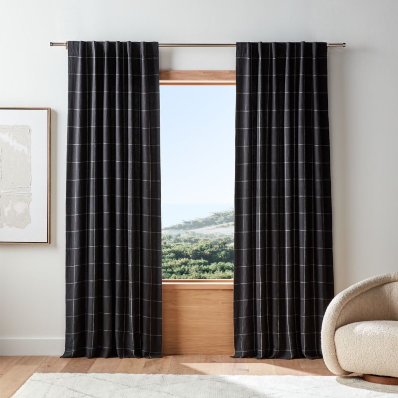 Storm Grey & Crisp White Linen Double Pinstripe Grid Window Curtain Panel 52"x108"