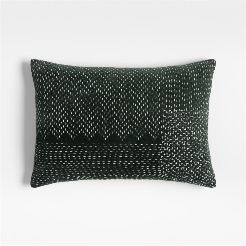 Sashiko Organic Cotton Velvet 22"x15" Spruce Green Throw Pillow Cover