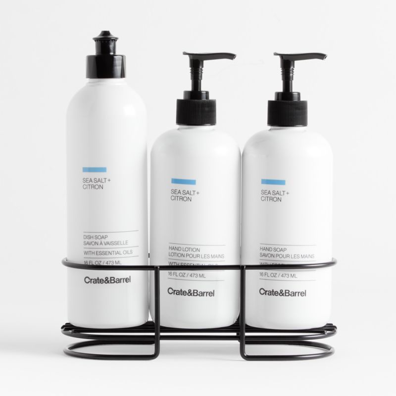 Sea Salt + Citron Hand Soap, Lotion and Dish Soap Set with Matte Black Caddy