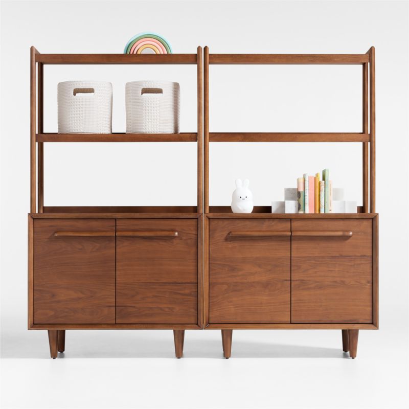 Tatum Set of 2 Modular Walnut Wood 2-Door Kids Storage Bookcases with Hutches