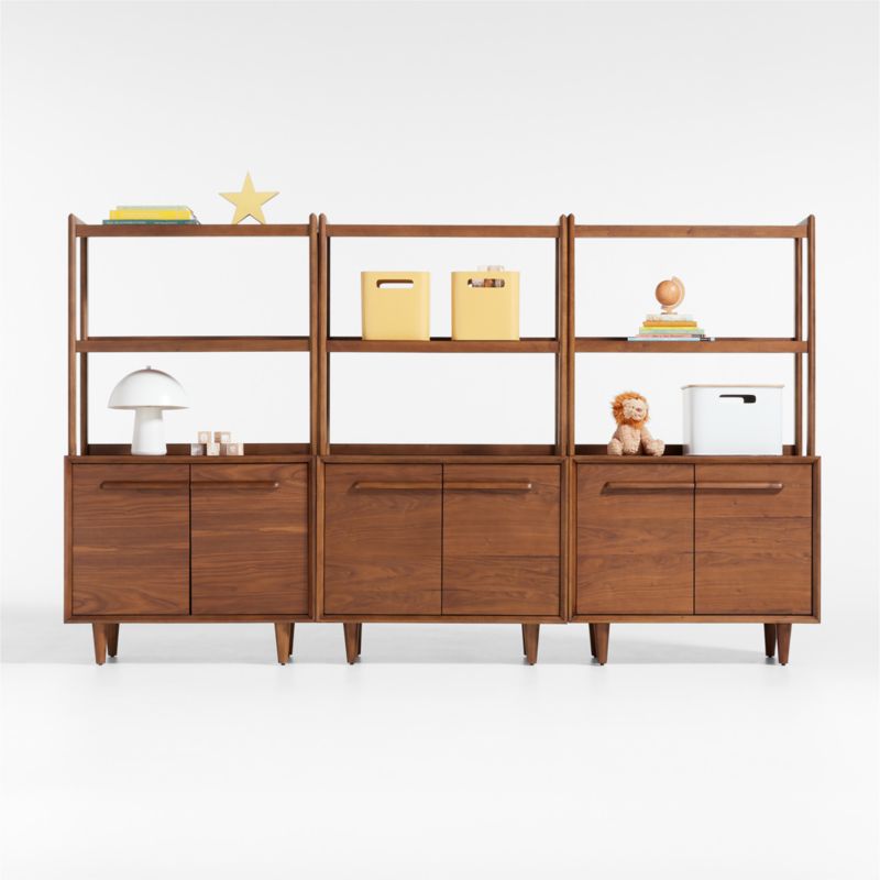 Tatum Set of 3 Modular Walnut Wood 2-Door Kids Storage Bookcases with Hutches