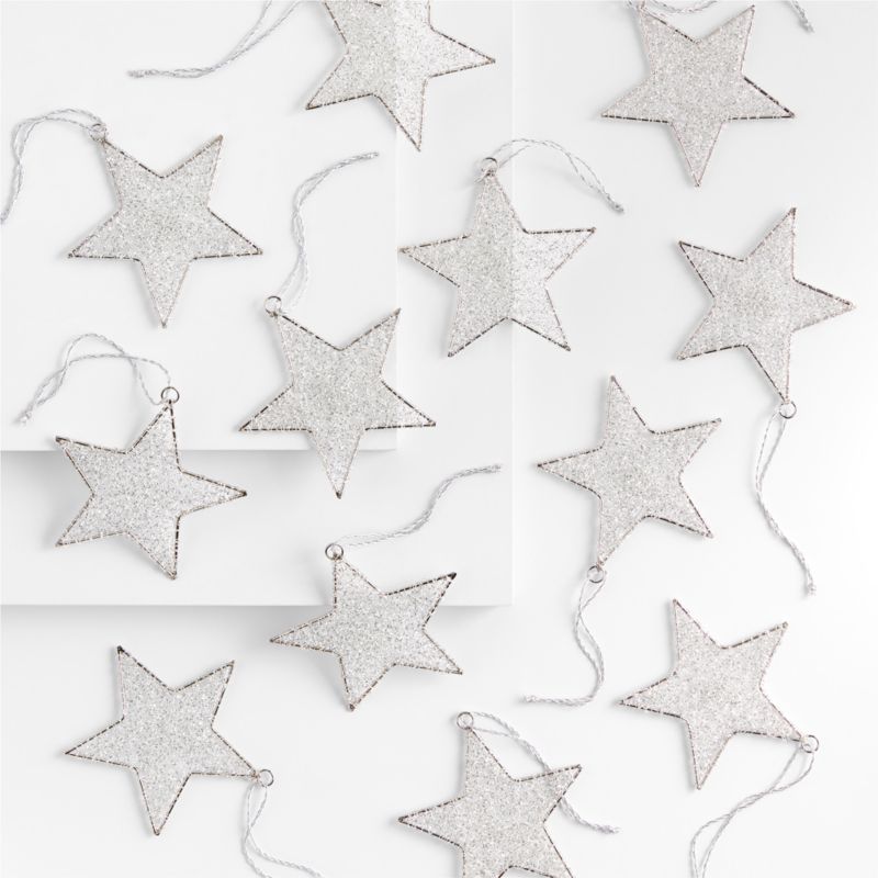 Silver Tinsel Star Christmas Tree Ornaments, Set of 12