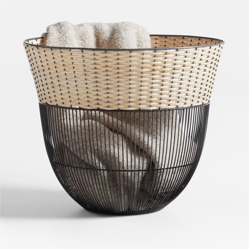 Toma Black and Off White Metal and Rattan Decorative Basket
