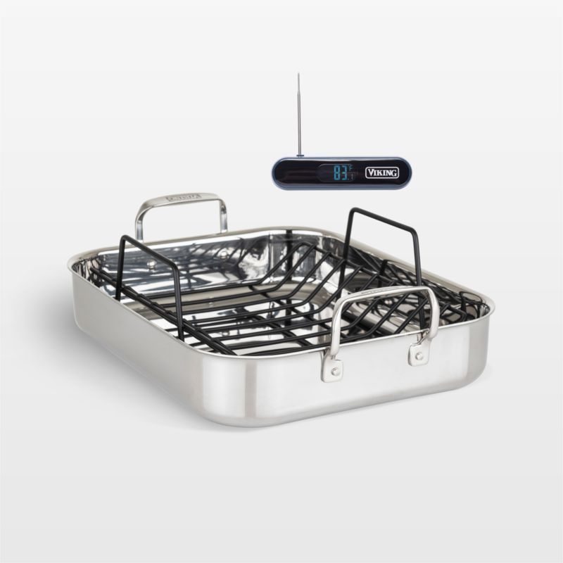 Viking ® 17.5" Stainless Steel Roasting Pan with Rack and Thermometer Set