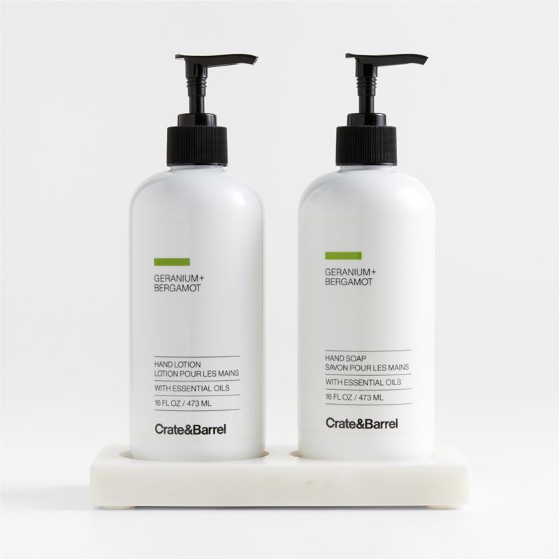 Geranium + Bergamot Hand Soap and Lotion Set with White Marble Caddy