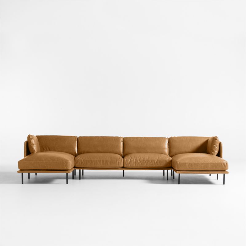 Wells 3-Piece U-Shaped Leather Sectional Sofa with Double Chaise Lounge