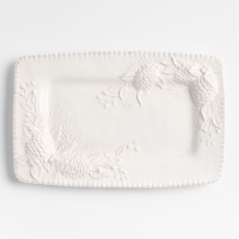 White Embossed Pinecone Stoneware Platter