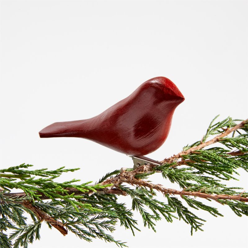 Red Wood Bird Christmas Tree Ornament Clip, Set of 4