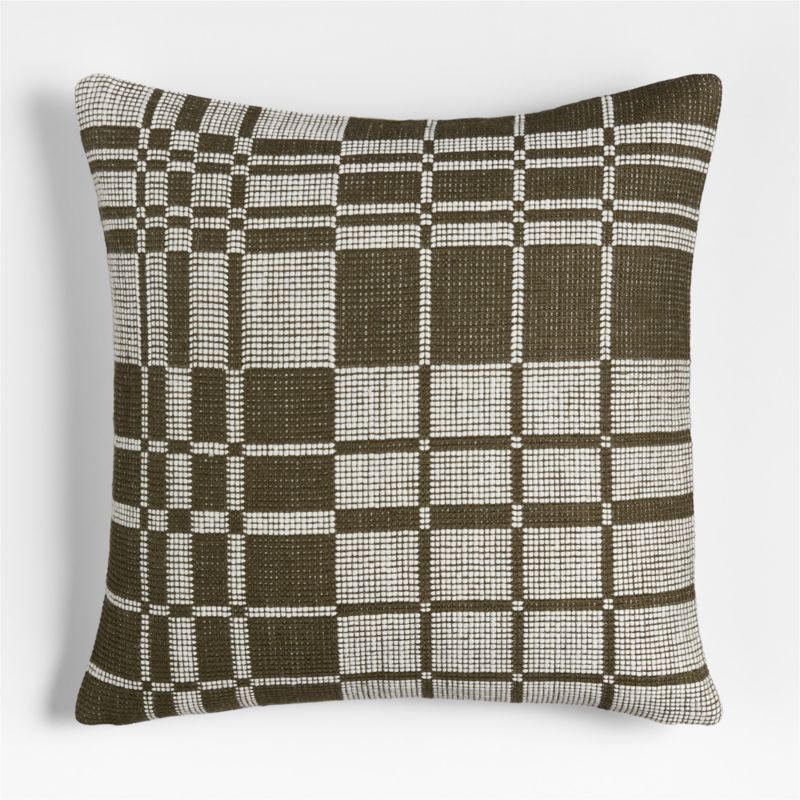 Wool/Linen Plaid 23"x23" Burnt Green Throw Pillow with Down-Alternative Insert