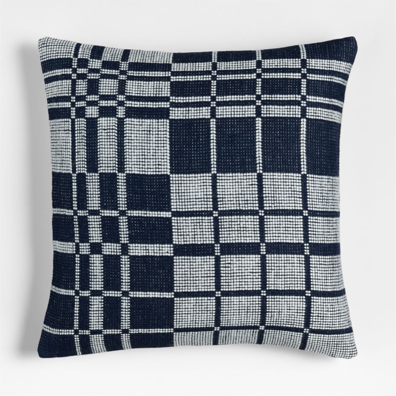Wool/Linen Plaid 23"x23" Deep Indigo Throw Pillow with Feather Insert