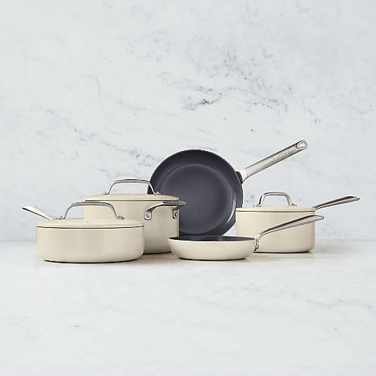 Crate & Barrel EvenCook Ceramic ™ Cream Ceramic Nonstick 8-Piece Cookware Set with Bonus