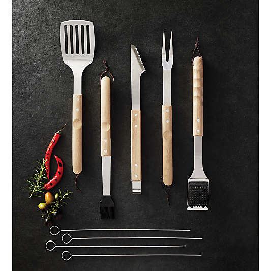 Wood-Handled 9-Piece Barbecue Tool Set