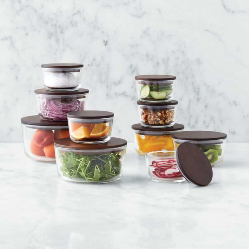 Crate & Barrel 8-Piece Round Glass Storage Containers with Dark Wood Lids +  Reviews
