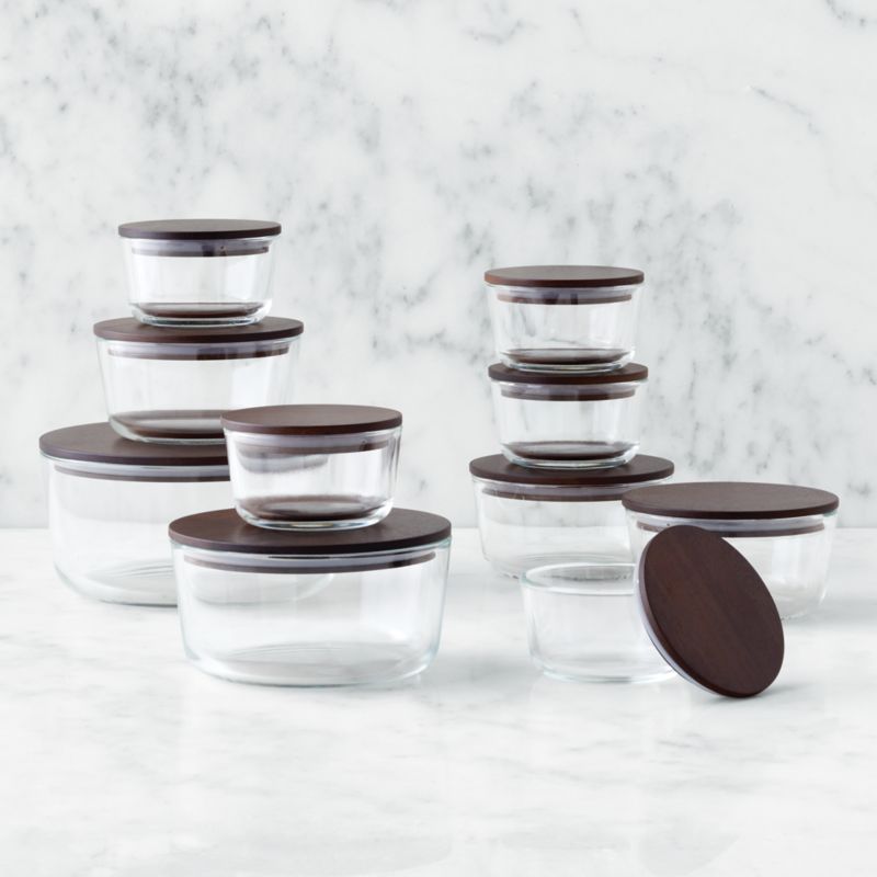 Crate & Barrel 20-Piece Round Glass Storage Containers with Dark Wood Lids  + Reviews