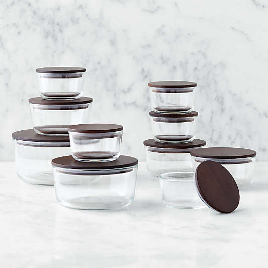 Crate & Barrel 20-Piece Round Glass Storage Containers with Dark Wood Lids