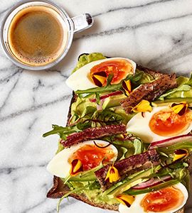 Classic Espresso and Avocado Toast with Coffee Rubbed Bacon