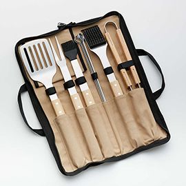 Wood-Handled 9-Piece Barbecue Tool Set