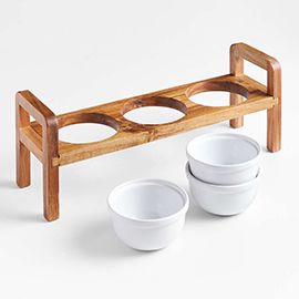 Oven-to-Table Ceramic Bowls with Elevated Wood Server