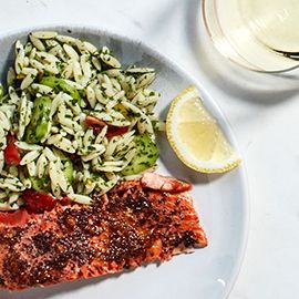 Cedar Plank Salmon with Orzo Tabbouleh