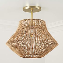 Basket-Style Woven Rattan Flush Mount Ceiling Light